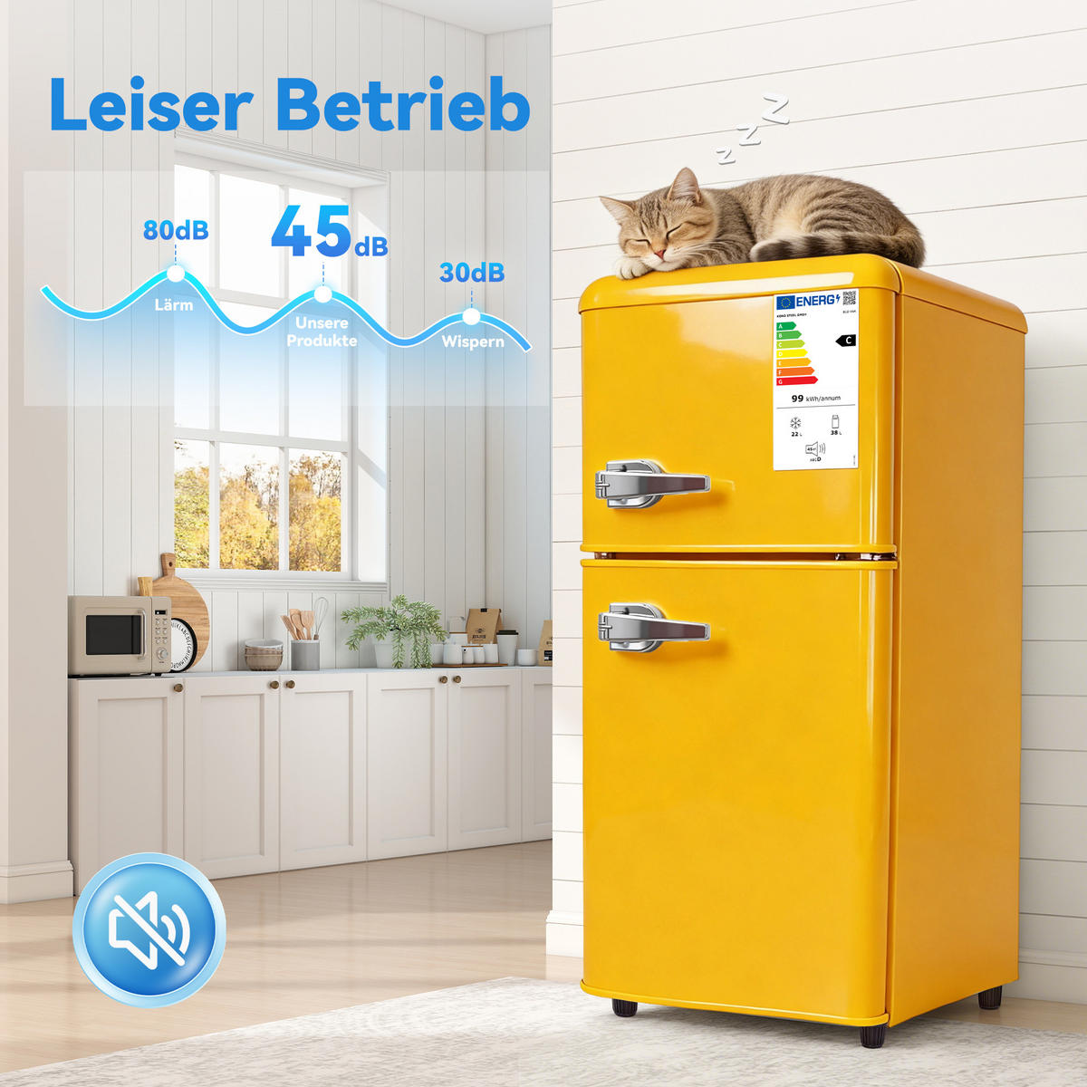 KÜHL-GEFRIER-KOMBINATION 60 l, 22 l Gefriervolumen, Energieeffizienzklasse C, Gelb - Gelb, Metall (45/89/41cm) - FOHERE