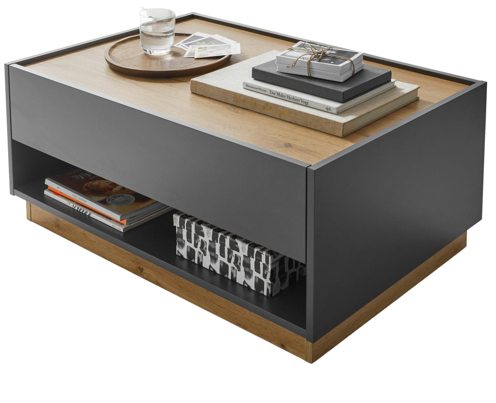 COUCHTISCH grau matt, Eiche Wotan 90 x 60 cm, Wohnzimmertisch mit Stauraum - Eiche Wotan/Grau, Holzwerkstoff/Metall (90/60/38cm) - Furn.Design