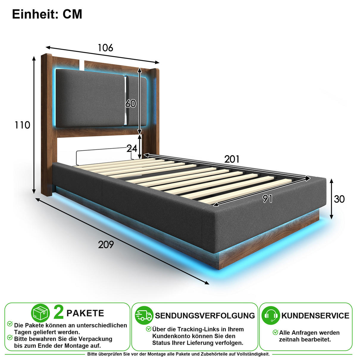 ČALOUNĚNÁ POSTEL 90/200 cm v šedé a ořechové barvě s úložným prostorem a LED - šedá, kov/kompozitní dřevo (90/200cm) - CHICFURN