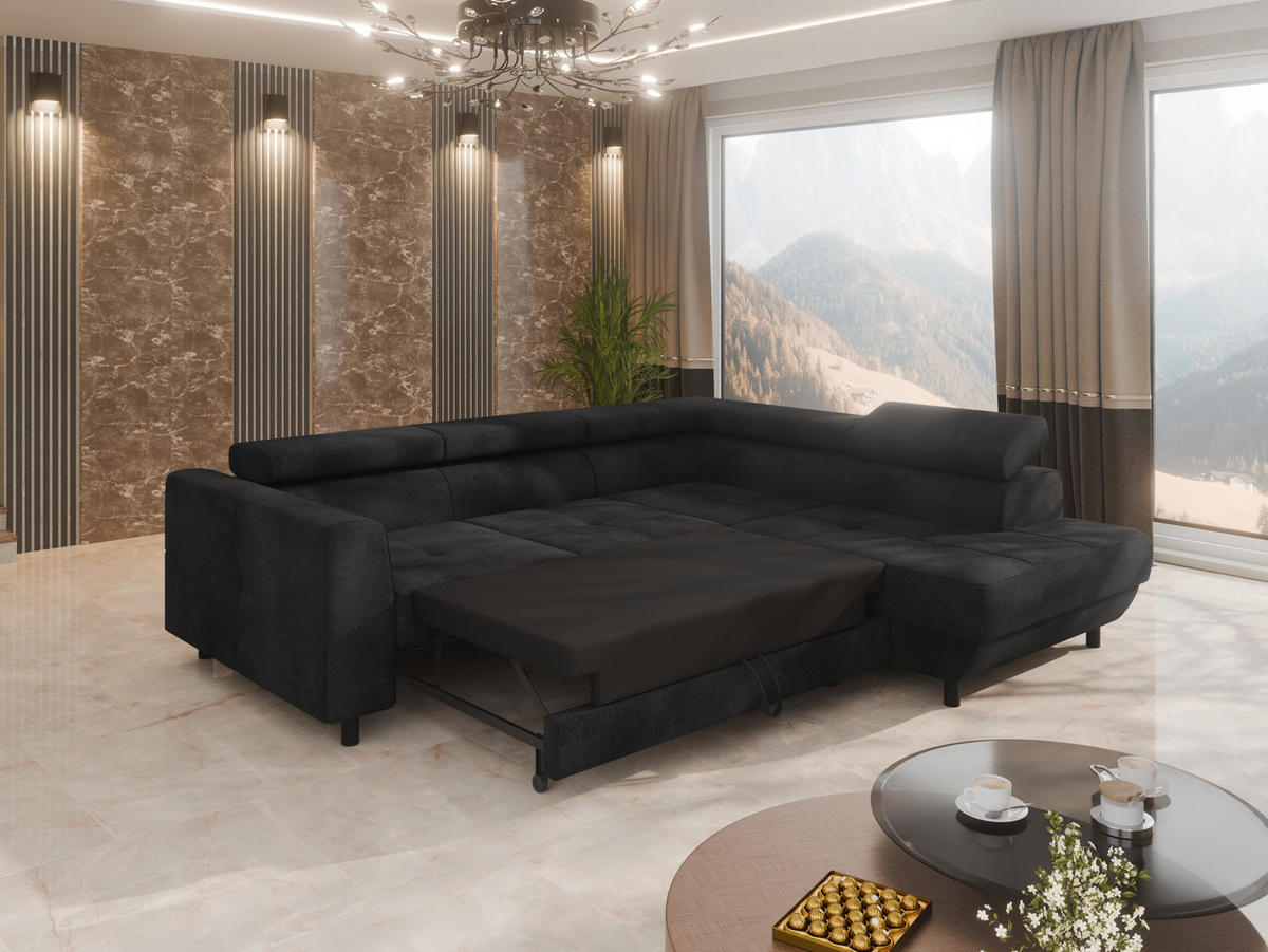 ECKSCHLAFSOFA Vena III mit Schlaffunktion und Bettkasten, Rechts montierbar, Schwarz - Dunkelgrau, Holz (254/199cm) - Homesy