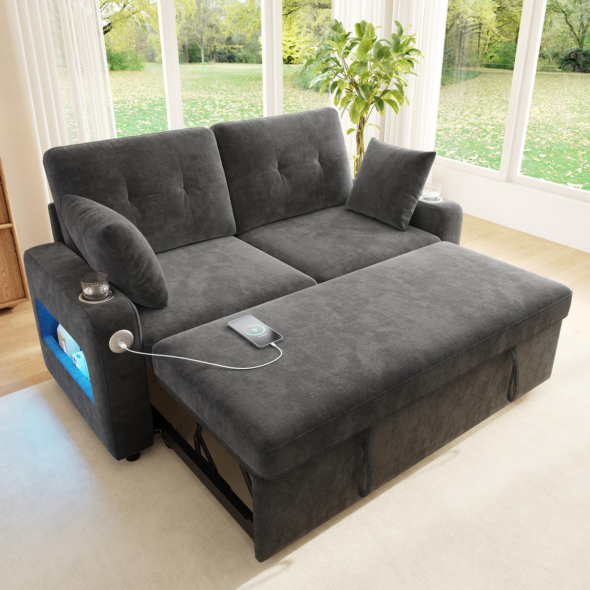 SCHLAFSOFA 2-Sitzer, Grau, LED, USB/Type-C, Getränkehalter, Armlehnen-Stauraum, 2 Kissen - Grau, Textil (131/83.5/141.5cm)