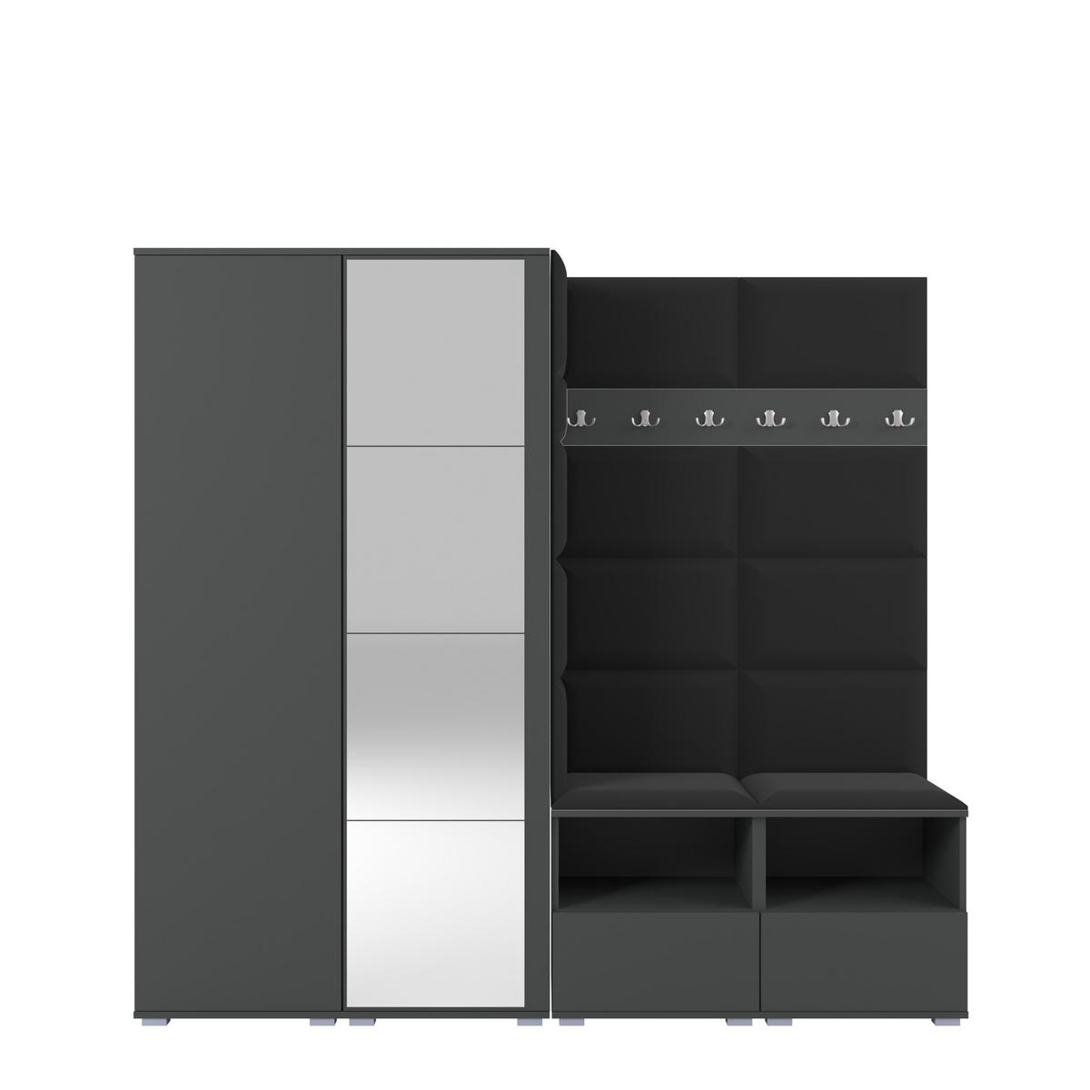 GARDEROBE NELA VI 200 cm (Modulare Flurmöbel Graphit mit Spiegel & Sitzpolster Schwarz 16 Universell) - Silberfarben/Schwarz, Holz/Holzwerkstoff (200/187/40cm) - Ravio