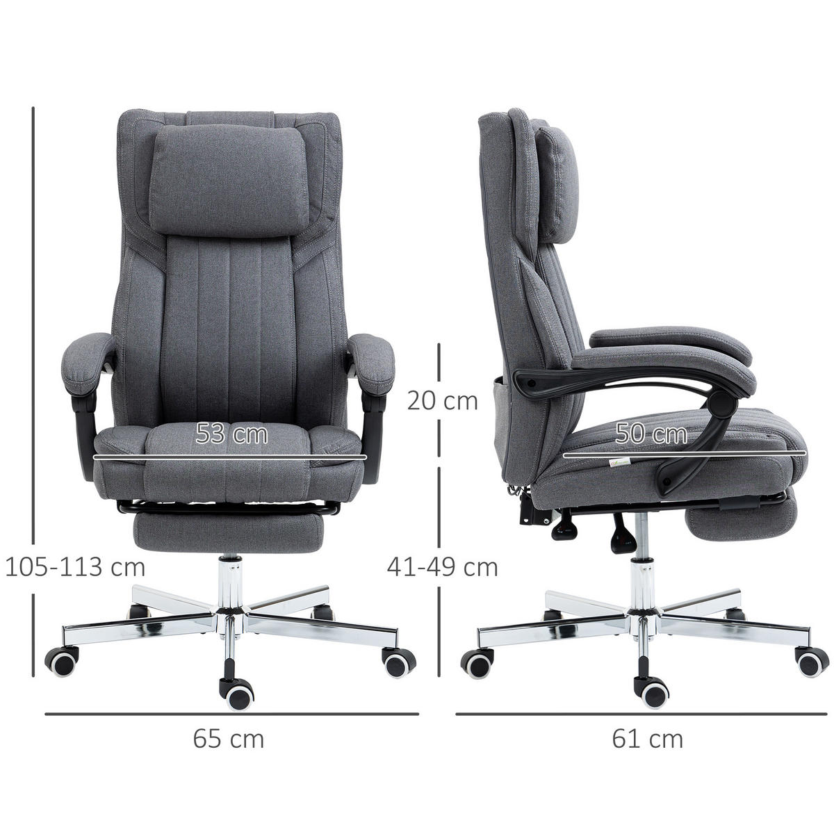 DREHSTUHL 65/61/105-113 cm, ergonomisch mit 6-Punkt-Massage, Leinenoptik, Grau - Grau, Kunststoff (61/113/65cm) - Redom