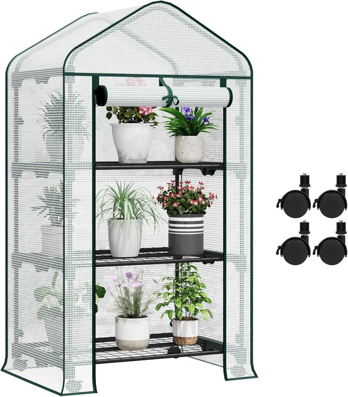 GEWÄCHSHAUS mit Rollen, Foliengewächshaus mit 3 Regalen - Weiß, Textil/Metall (70/131/50cm) - Woltu