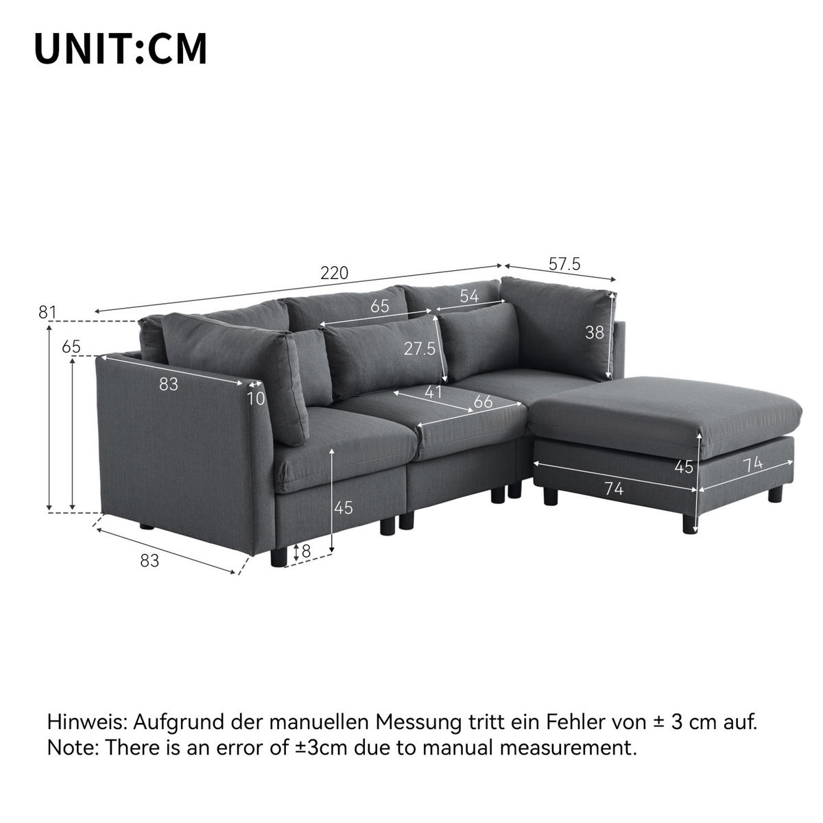 ECKSOFA Leinenstoff mit Fußhocker und Rücken Armlehnenkissen 220/83/81 cm Grau - Grau, Textil (81/83cm) - Redom