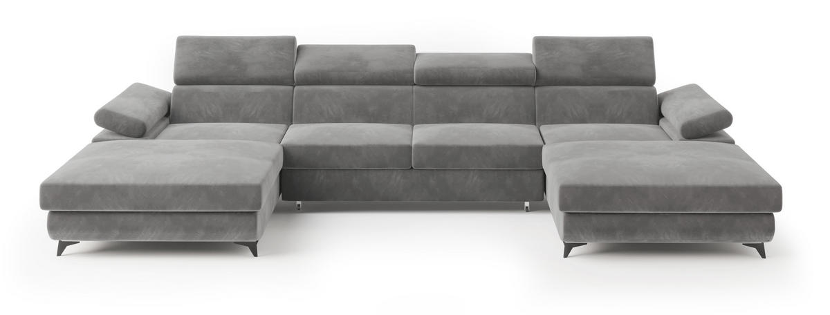 WOHNLANDSCHAFT DETTI Grau Velours-Stoff mit Schlaffunktion - Grau, Holz (339/89/190cm) - MASSENO