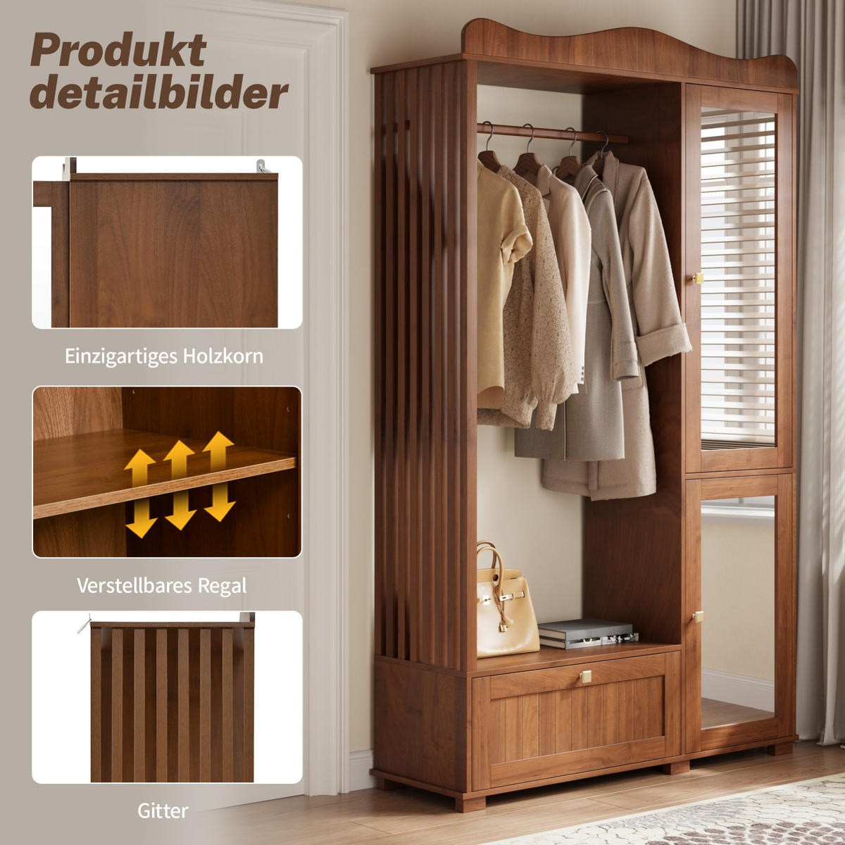 GARDEROBENSCHRANK 115,5/38,5/194,5 cm mit Spiegel, offener Kleiderstange und Schublade aus MDF, Nussbaum - Walnussfarben, Holzwerkstoff (115.5/194.5/38.5cm) - Redom