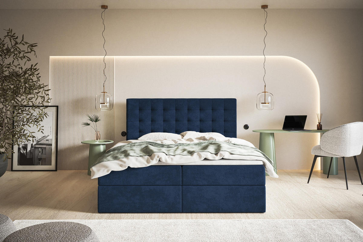 BOXSPRINGBETT 140x200 Jora mit Matratze H3, Bettkasten, Blau - Blau, Holz/Textil (140/200cm) - Emporius