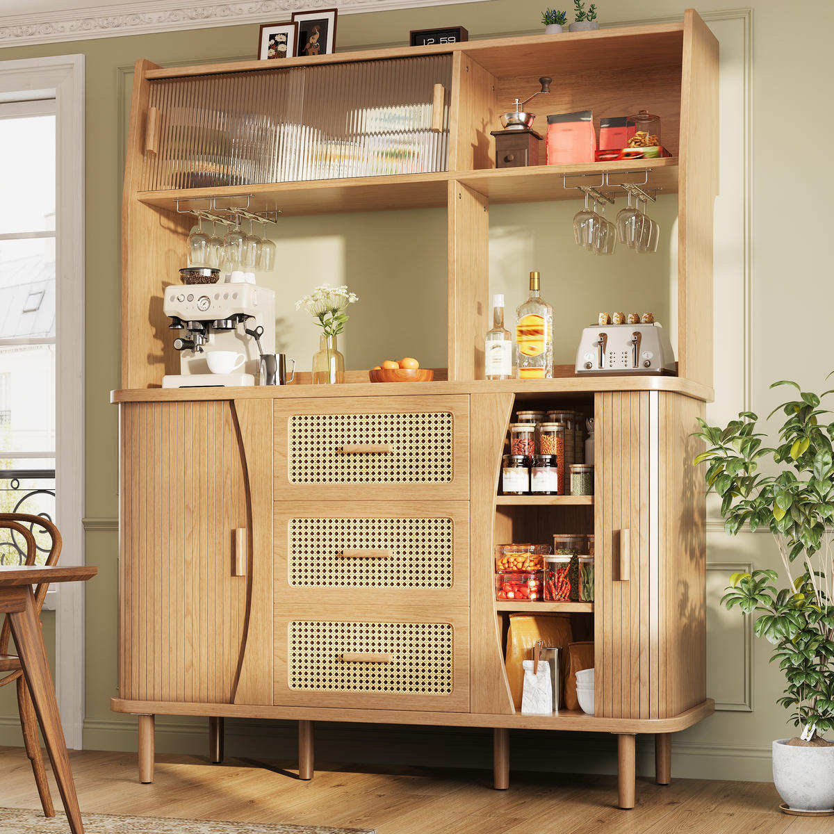 BUFFETSCHRANK Rattanoptik Glas Schiebetür Nussbaum - Naturfarben, Metall (140/174.5/40.5cm) - FLIEKS