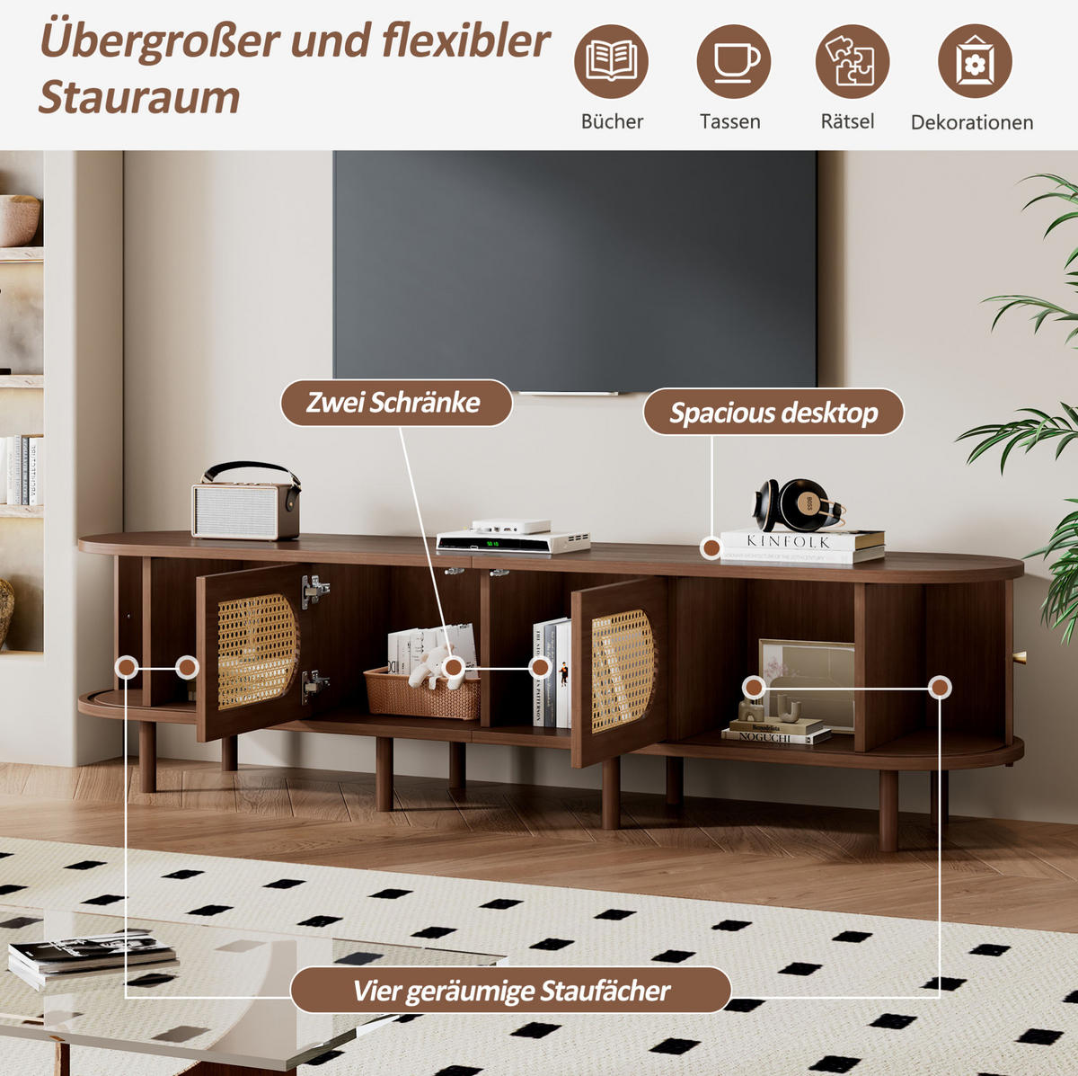 TV stolík 180/40/40 cm tmavý dub s ratanovým vzhľadom a posuvnými dvierkami z MDF - hnedá, kompozitné drevo (180/40/40cm) - OKWISH