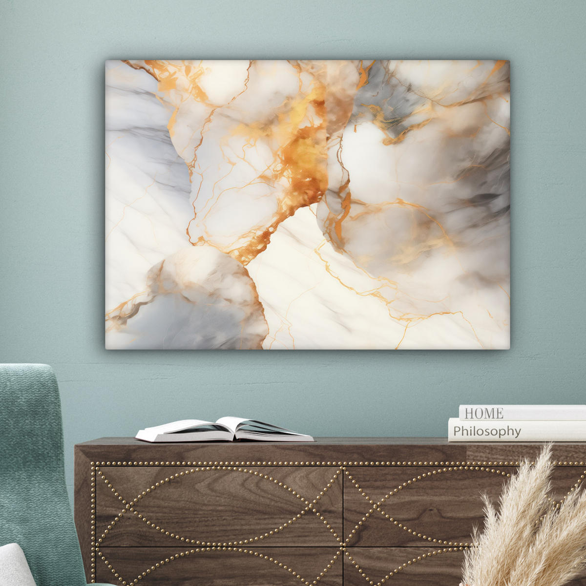 LEINWANDBILD Marmor - Grau - Gold Wandbilder 80x60 cm - Weiß, Textil (80/60cm) - MuchoWow