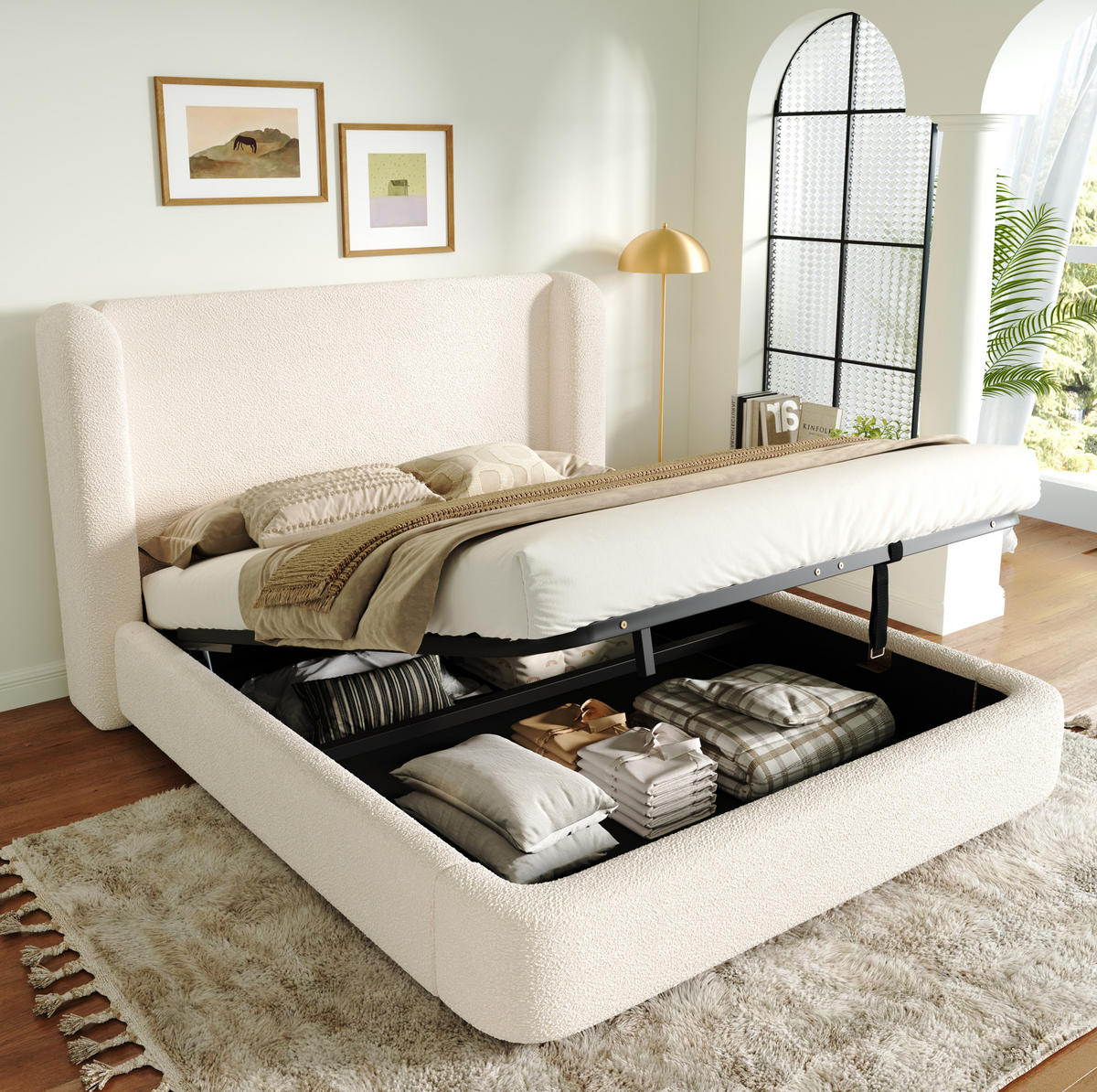 POLSTERBETT 180/200 cm mit Lattenrost, hydraulischem Bettkasten und waschbarem Kopfteilbezug, Beige - Beige, Textil (180/200cm) - Redom