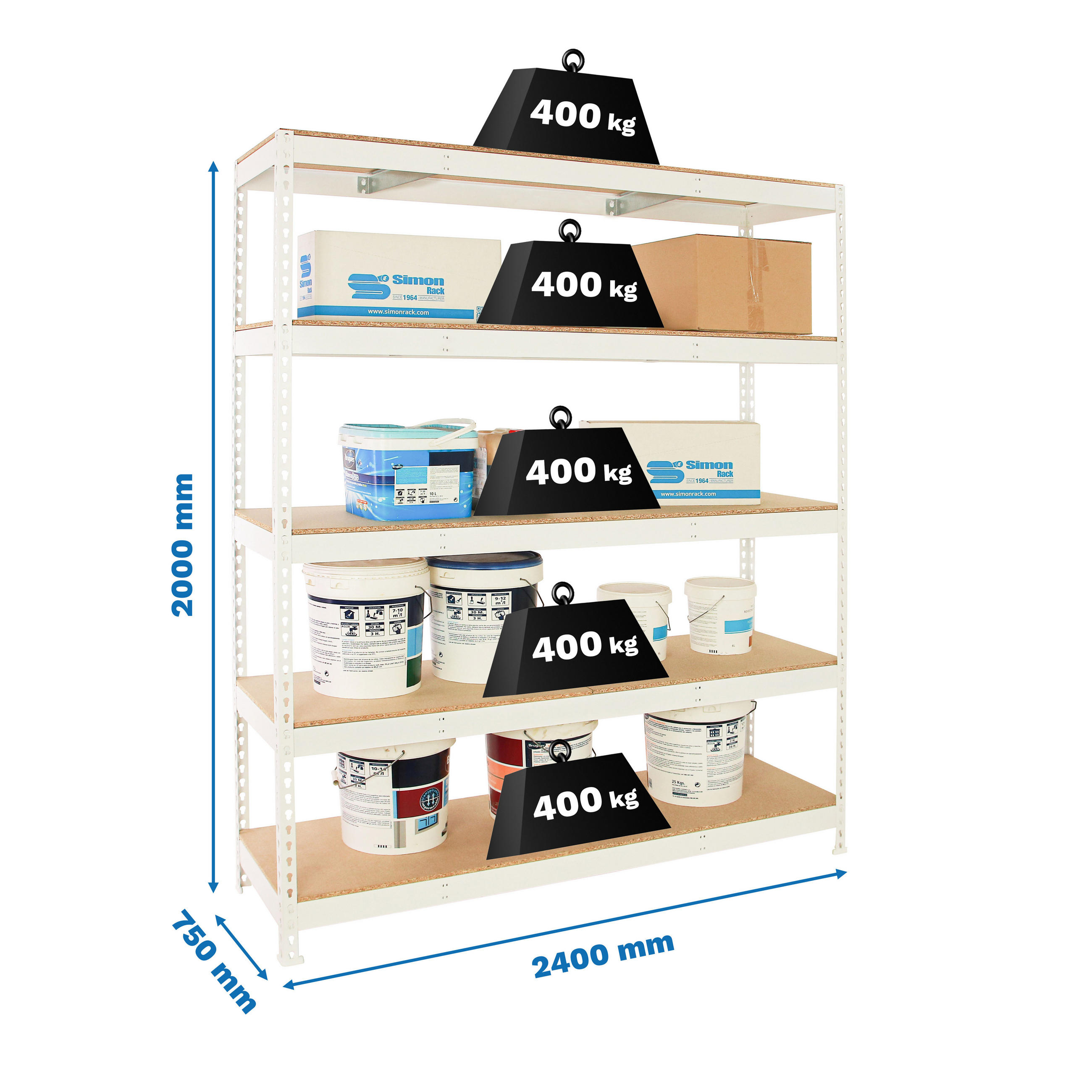 SCHWERLASTREGAL Wood Beast Five HxBxT 200 x 240 x 75 cm Fachlast 400 kg Weiß - Weiß, Metall (240/200/75cm) - PROREGAL