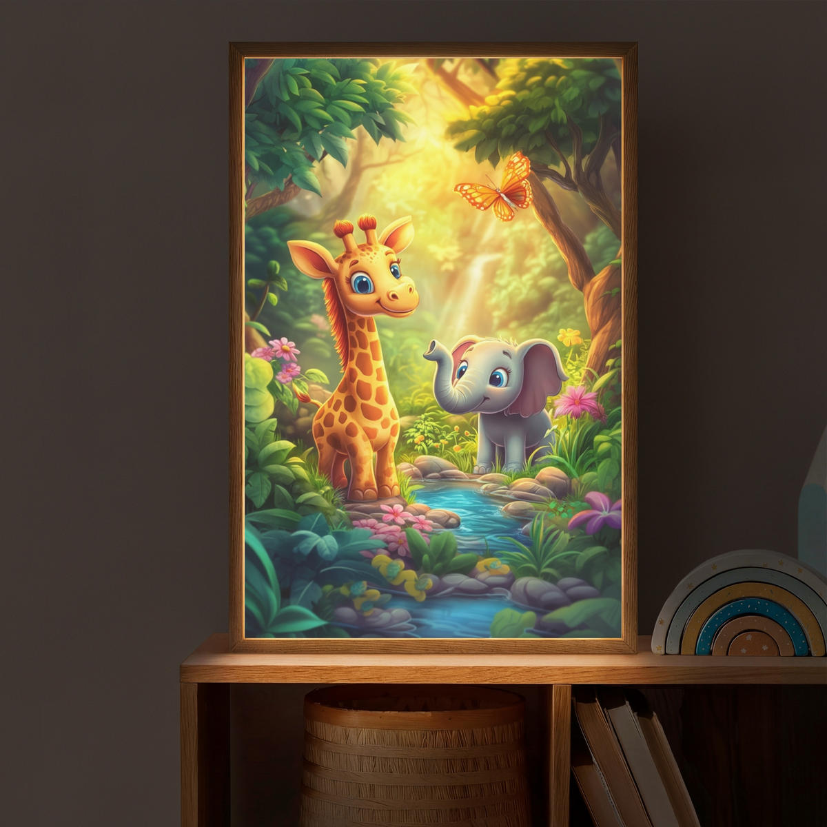 WANDLEUCHTE MIT AKKU Giraffe - Elefant - Blumen - Dschungel 40x60 cm - Grün, Holzwerkstoff (40/60/8cm) - OnlyWow