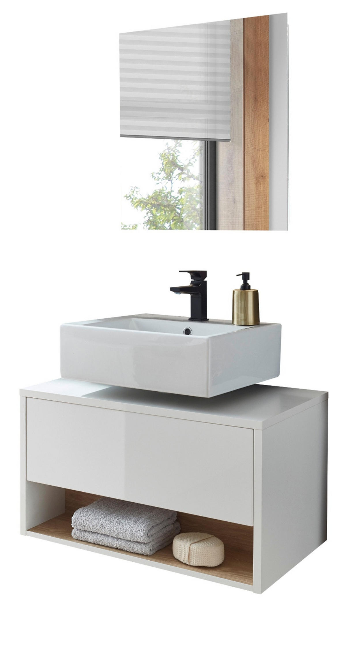 BADMÖBEL-SET 2-teilig weiß Hochglanz und Eiche, Badezimmer Set mit LED Beleuchtung, 80 cm - Weiß Hochglanz, Glas/Holzwerkstoff (80/190/46cm) - Furn.Design