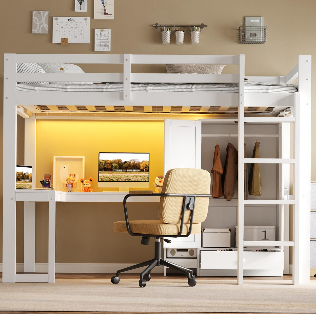 HOCHBETT aus Kiefernholz und MDF 90x200 cm Weiß mit Schreibtisch, Kleiderschrank, USB und LED-Beleuchtung - Weiß, Holzwerkstoff (90/200cm) - Modfu