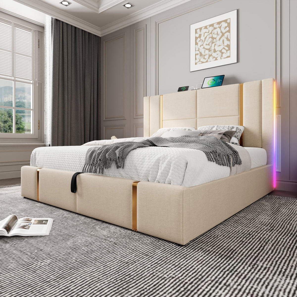 POLSTERBETT 160/200 cm Beige mit LED-Beleuchtung und Stauraum mit Matratze - Beige, Textil (160/200cm) - OKWISH