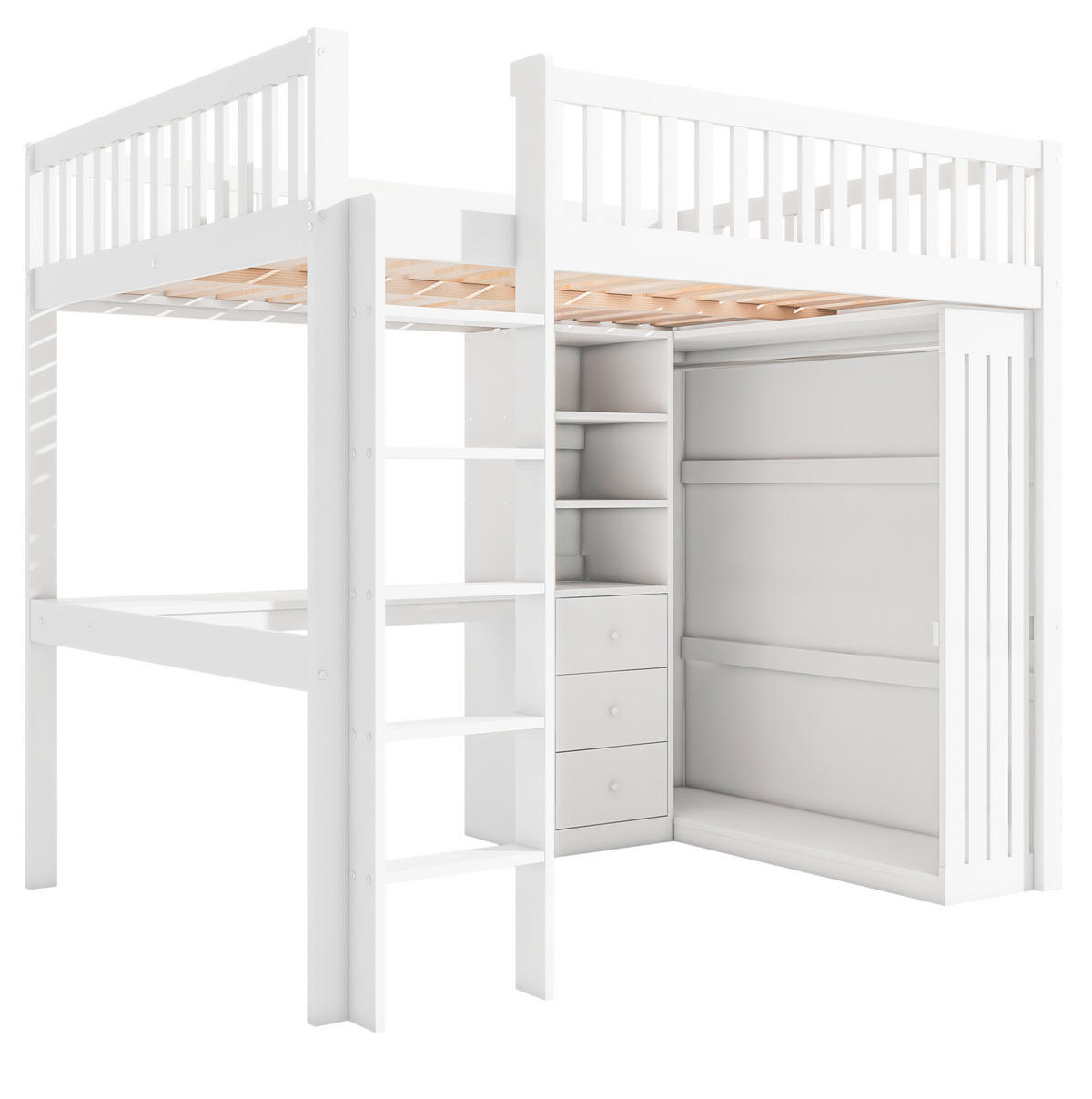 HOCHBETT 140/200 cm mit Schreibtisch, Kleiderschrank, 3 Schubladen und Treppe, Weiß - Weiß, Holzwerkstoff (140/200cm) - Redom