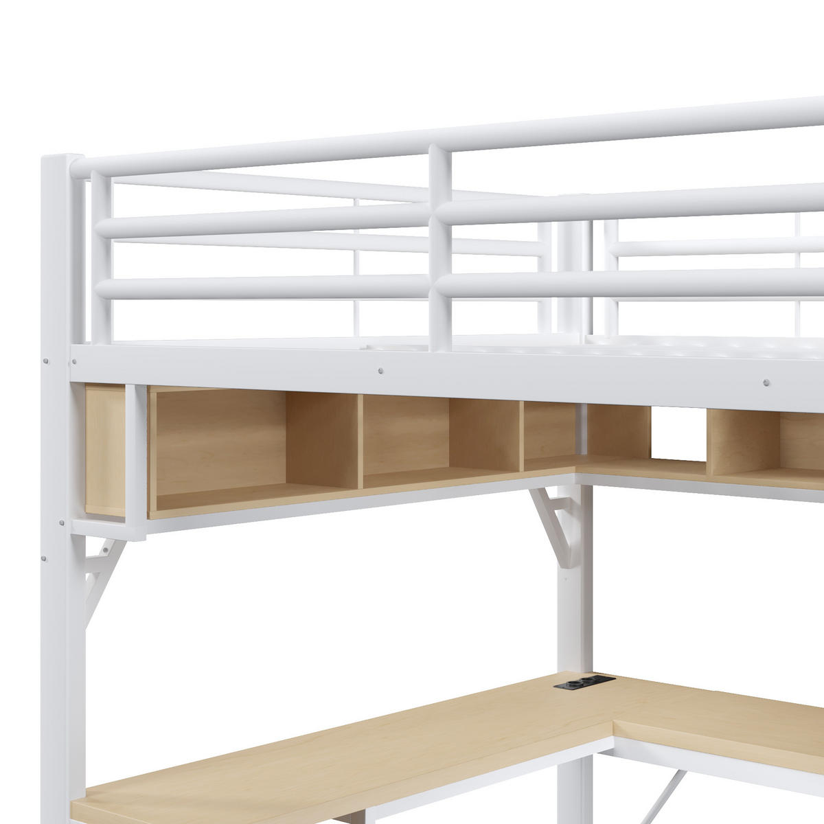 HOCHBETT 140/200 cm weiß aus Metall mit Schreibtisch mit LED und USB - Weiß, Holzwerkstoff (140/200cm) - OKWISH