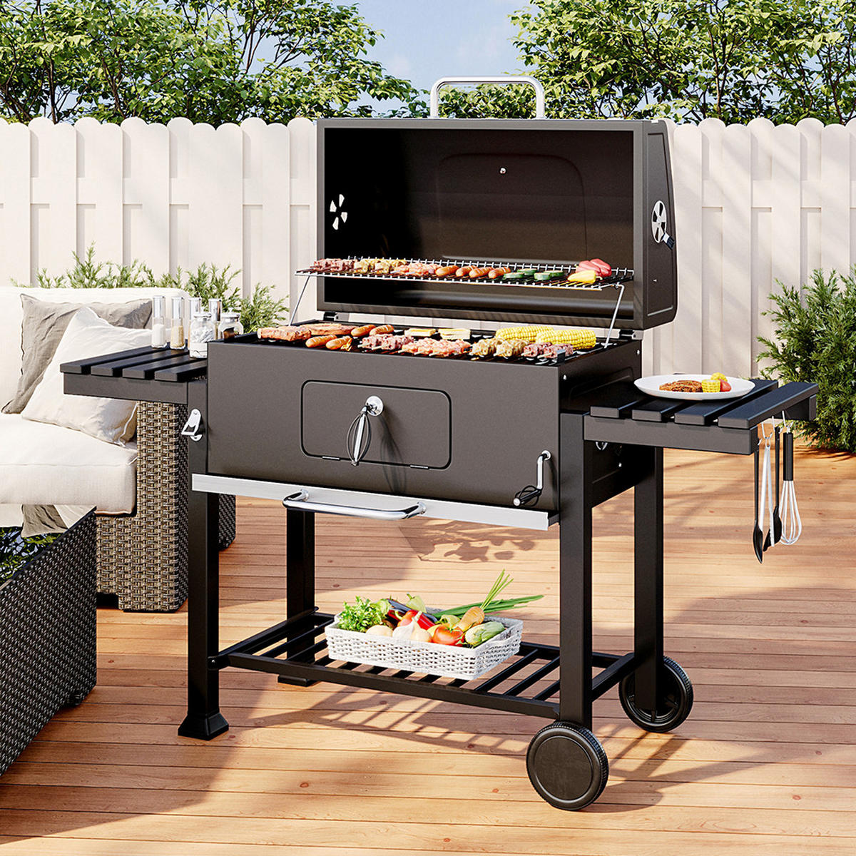 HOLZKOHLEGRILL aus Karbonstahl in Schwarz Tragbarer für den Außenbereich mit Seitenablagen 183 cm B x 40 cm T x 108 cm H - Schwarz, Metall (183/108/40cm) - Livingandhome