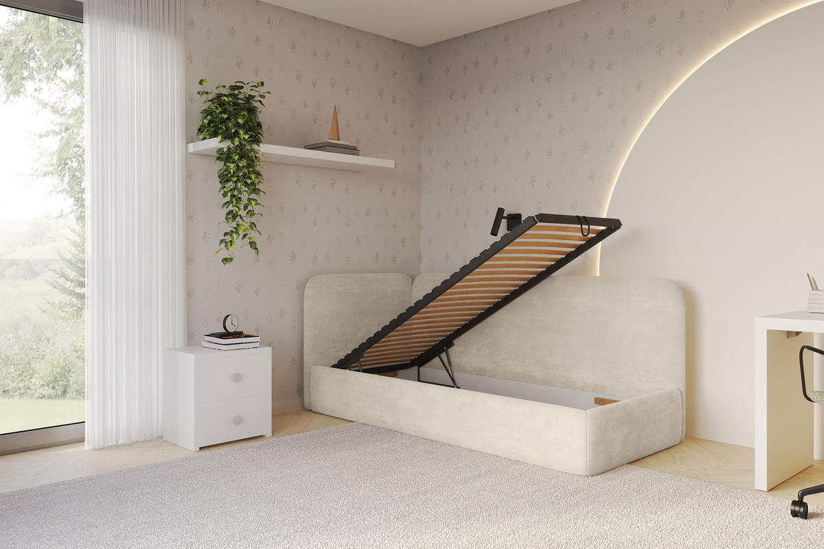 EINZELLBETT Jugendbett mit Bettkasten und Matratze H3/H4, Rechts - ELSY 80x200 Beige - Naturfarben, Holzwerkstoff/Textil (80/200cm) - ALTDECOR
