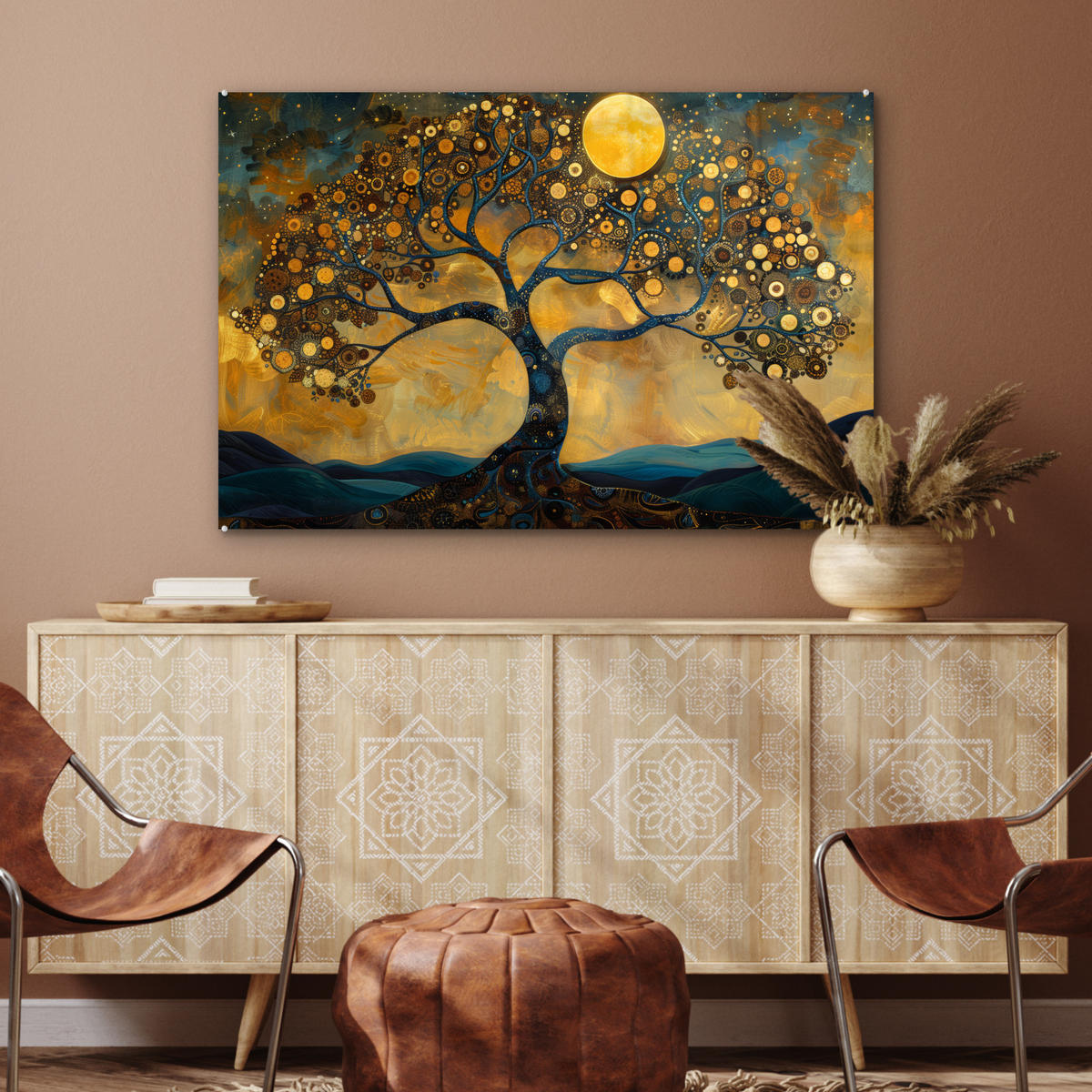 ACRYLGLASBILD Baum - Mond - Blumen - Gold - Kunst 90x60 cm - Orange, Glas (90/60cm) - MuchoWow