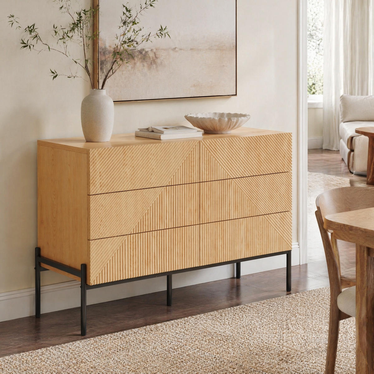SIDEBOARD in Naturfarben Kommode mit 3D-Textur und 6 Schubladen für Wohn- und Esszimmer, B115.5/T38/H75 cm - Schwarz/Naturfarben, Holzwerkstoff/Metall (115.5/75/38cm) - STILVORA