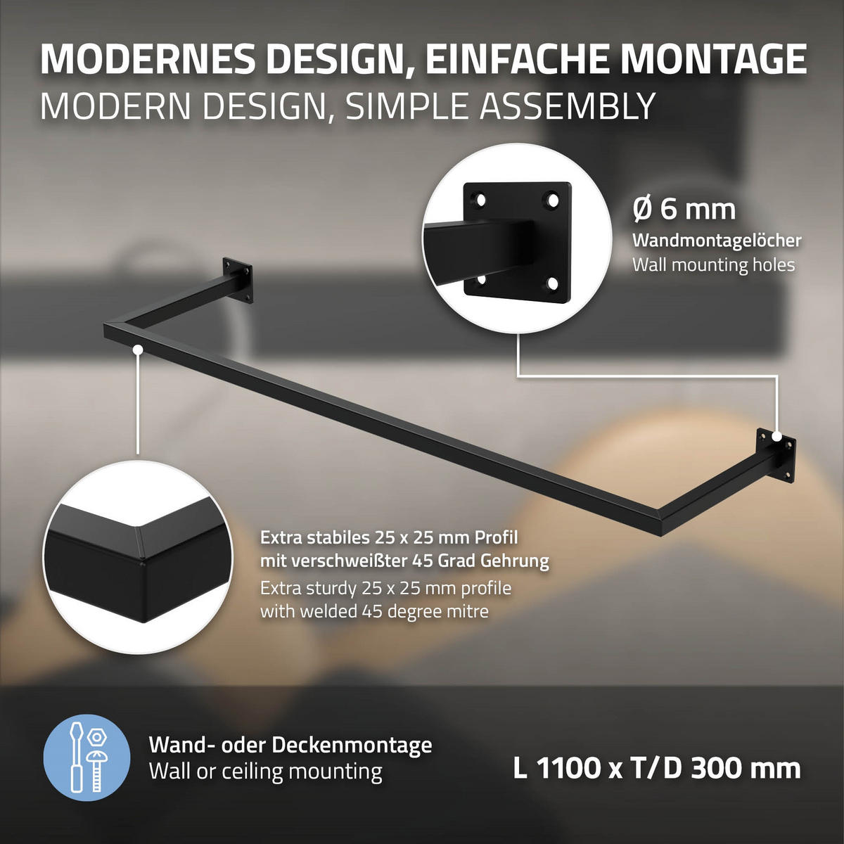 KLEIDERSTANGE 3er Set - Schwarz, Metall (30/6.5/114cm) - ML-DESIGN