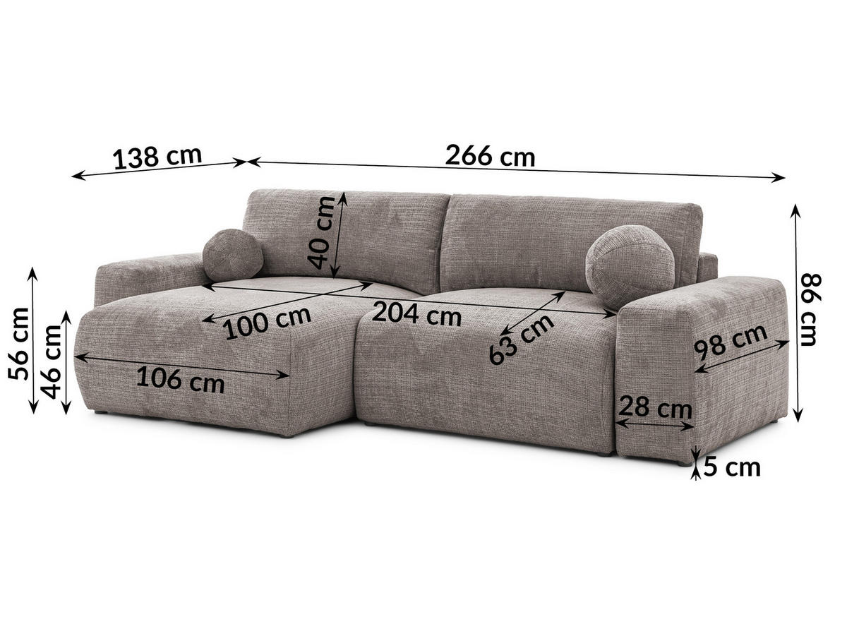 ECKSOFA Puffy mit Schlaffunktion und Bettkasten - besonders weich und puffig aus Taupe Chenille-Stoff - Ottomane links - Taupe/Schwarz, Holz/Kunststoff (138/266cm) - S-Style Möbel