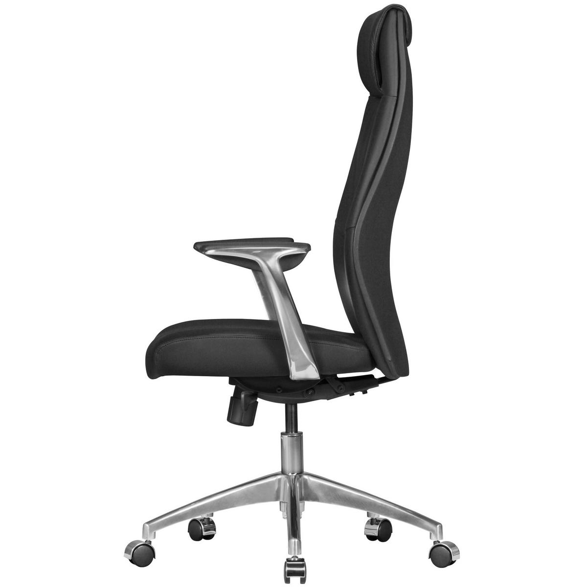 CHEFSESSEL Echtleder mit 3-Stufen-Synchronmechanik und Aluminiumfußkreuz TEMZA, Schwarz 67x58x125 cm - Silberfarben/Schwarz, Leder/Metall (67/125/58cm) - KADIMA DESIGN