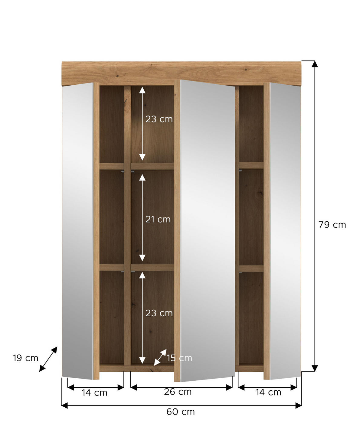 SPIEGELSCHRANK Eiche Artisan 60 x 79 cm, Badschrank 3-türig - Eiche Artisan, Glas/Holzwerkstoff (60/79/19cm) - Inn.Furn