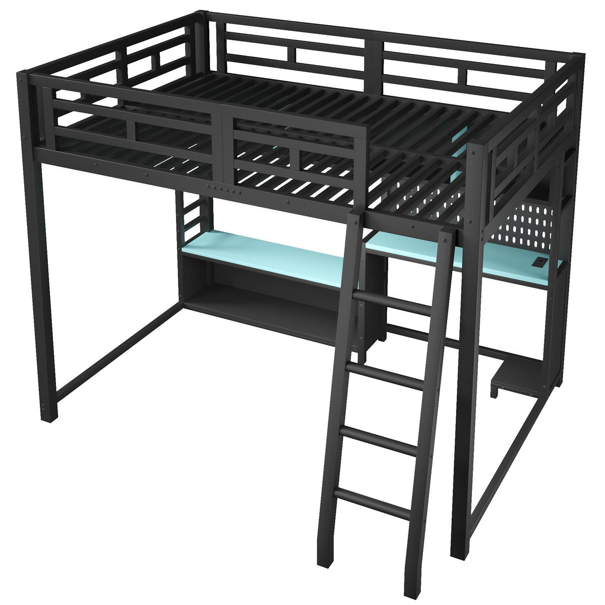 HOCHBETT 140x200 cm Metall mit Schreibtisch im Gaming-Stil- Blaugrün - Schwarz, Metall (140/200cm) - KOMHTOM