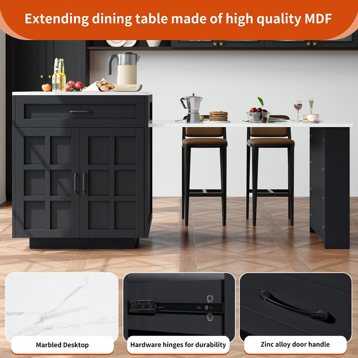KÜCHENINSEL AUSZIEHBARER BARTISCH mit Stauraum, MDF Schwarz, für 2-6 Personen, 133-202/70/93,5 cm - Schwarz, Kunststoff (70/93.5/202cm) - Rolipo