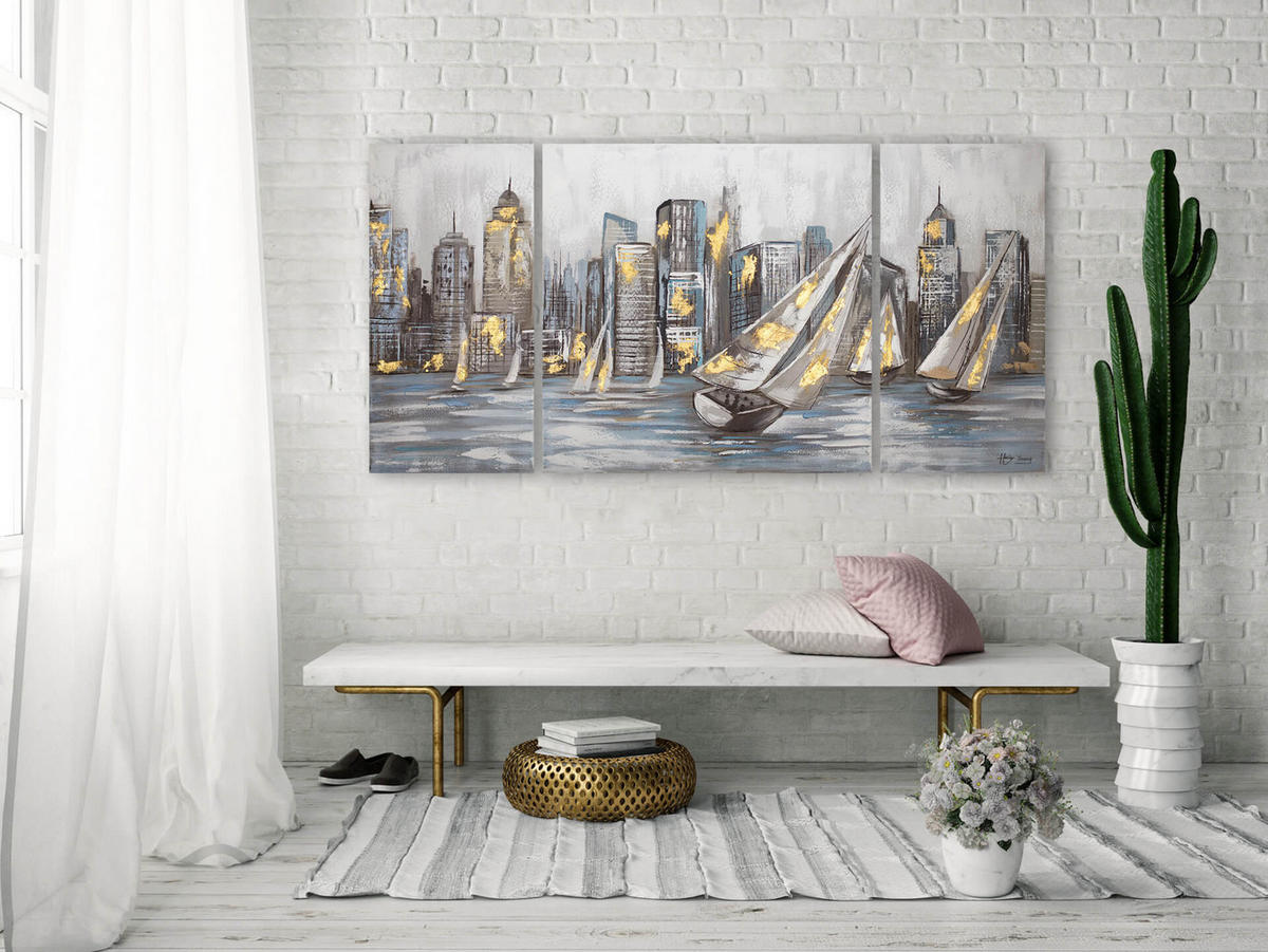 LEINWANDBILD 3-TEILIG Gelb 140/70 cm - Gelb/Grau, Textil (140/70cm) - KUNSTLOFT