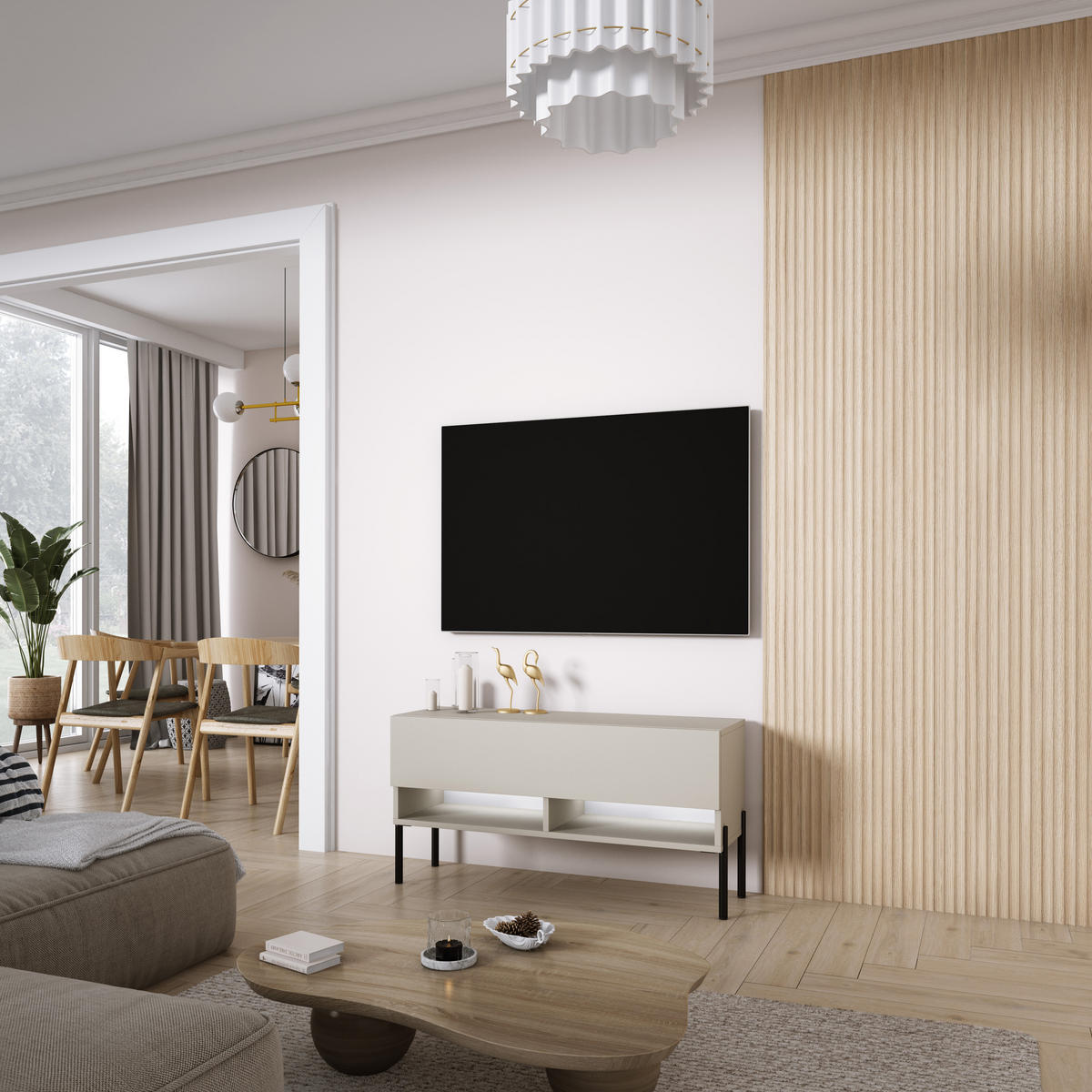 TV-LOWBOARD 100 cm Kaschmir, gerade schwarze Beine, weiße LED, 100 × 32 × 52 cm - Beige, Holzwerkstoff (100/52/32cm) - 3XE LIVING