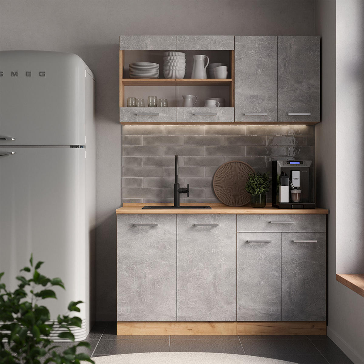 SINGLE KÜCHE R-Line Beton/Goldkraft Eiche 140 cm ohne Arbeitsplatte - Schieferfarben/Eiche Wotan, Holzwerkstoff (140/81.6/46cm) - Vicco