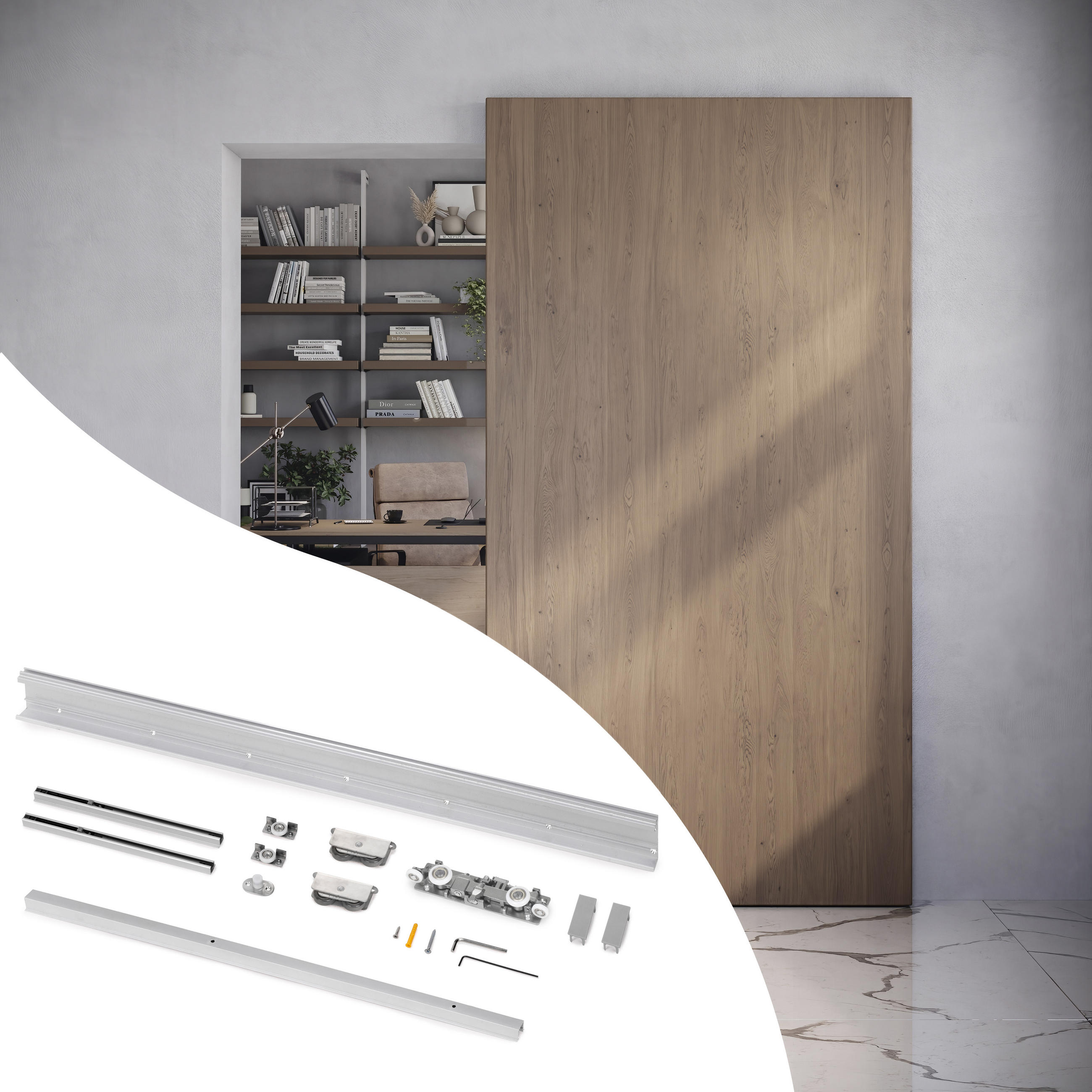 BESCHLAGSET für eine Wandschiebetür aus Holz mit sanftem Schließen, Stahl und Aluminium und Kunststoff - Multicolor, Metall (4/2/113cm) - EMUCA