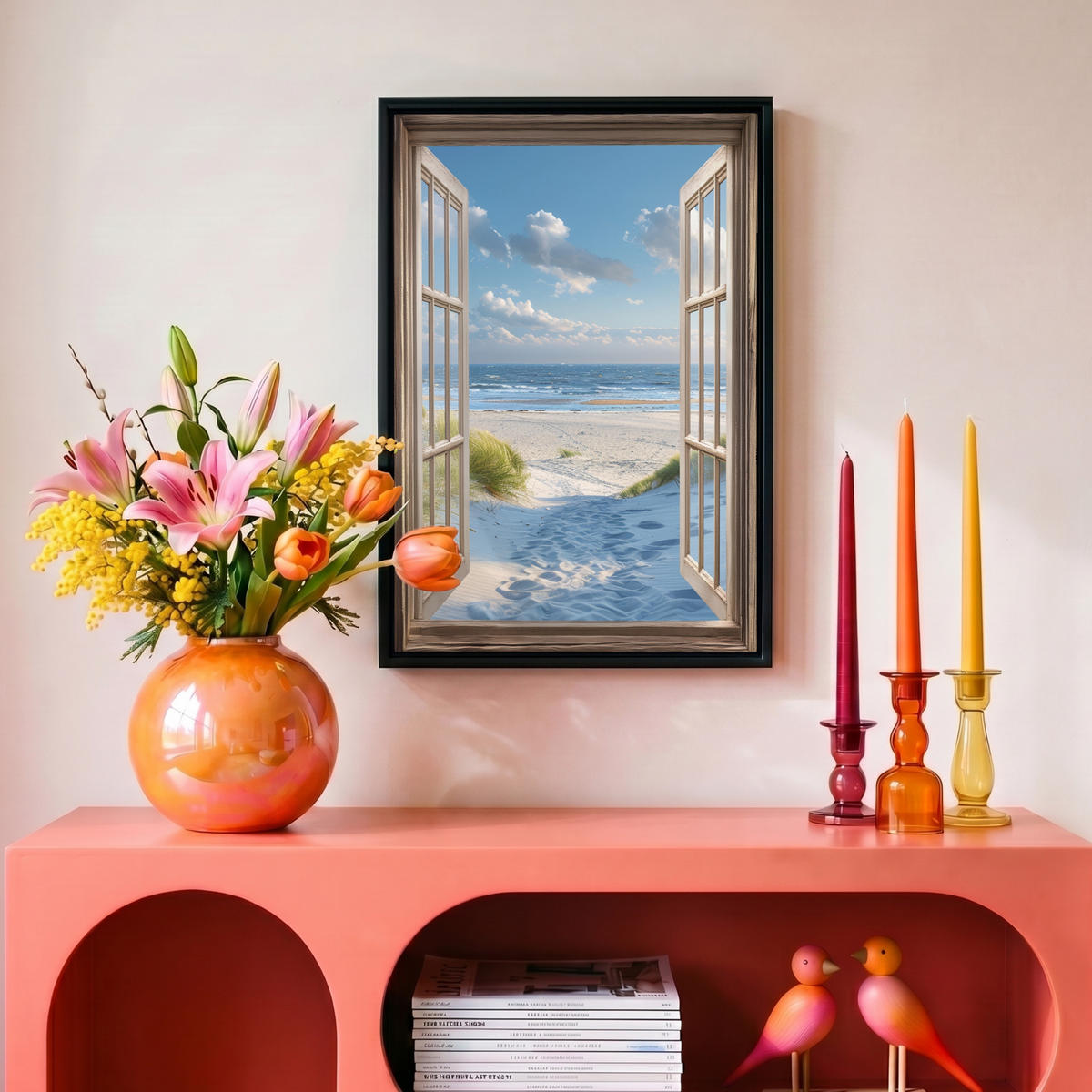 LEINWAND Bilder mit Rahmen - Aussicht - Strand - Fenster - Dünen - Meer - 20x30 - Hellblau, Textil (20/30cm) - MuchoWow