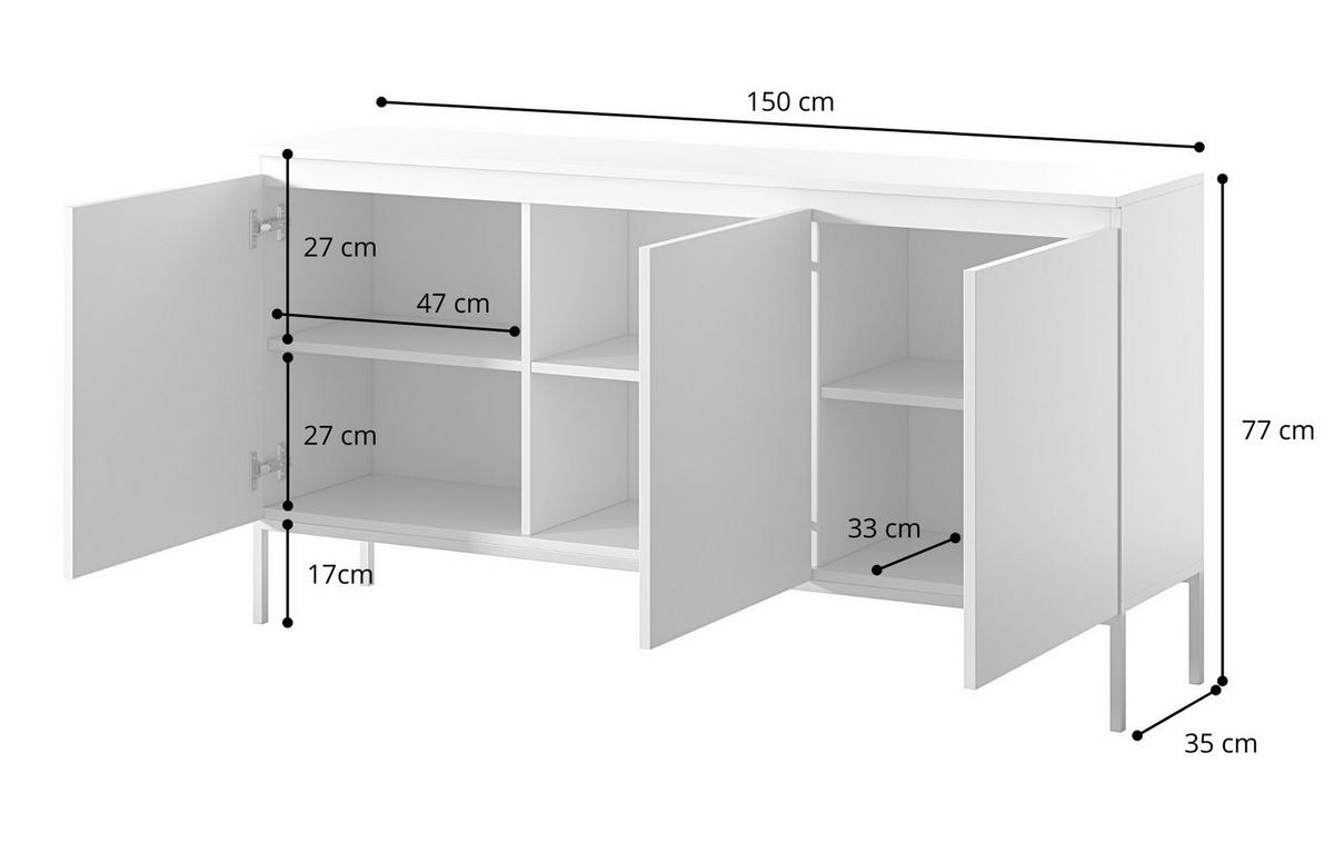 SIDEBOARD Bemmi Schwarz mit schwarzen Beinen 3-türig 150 cm - Schwarz, Holzwerkstoff/Metall (150/77/35cm) - Selsey