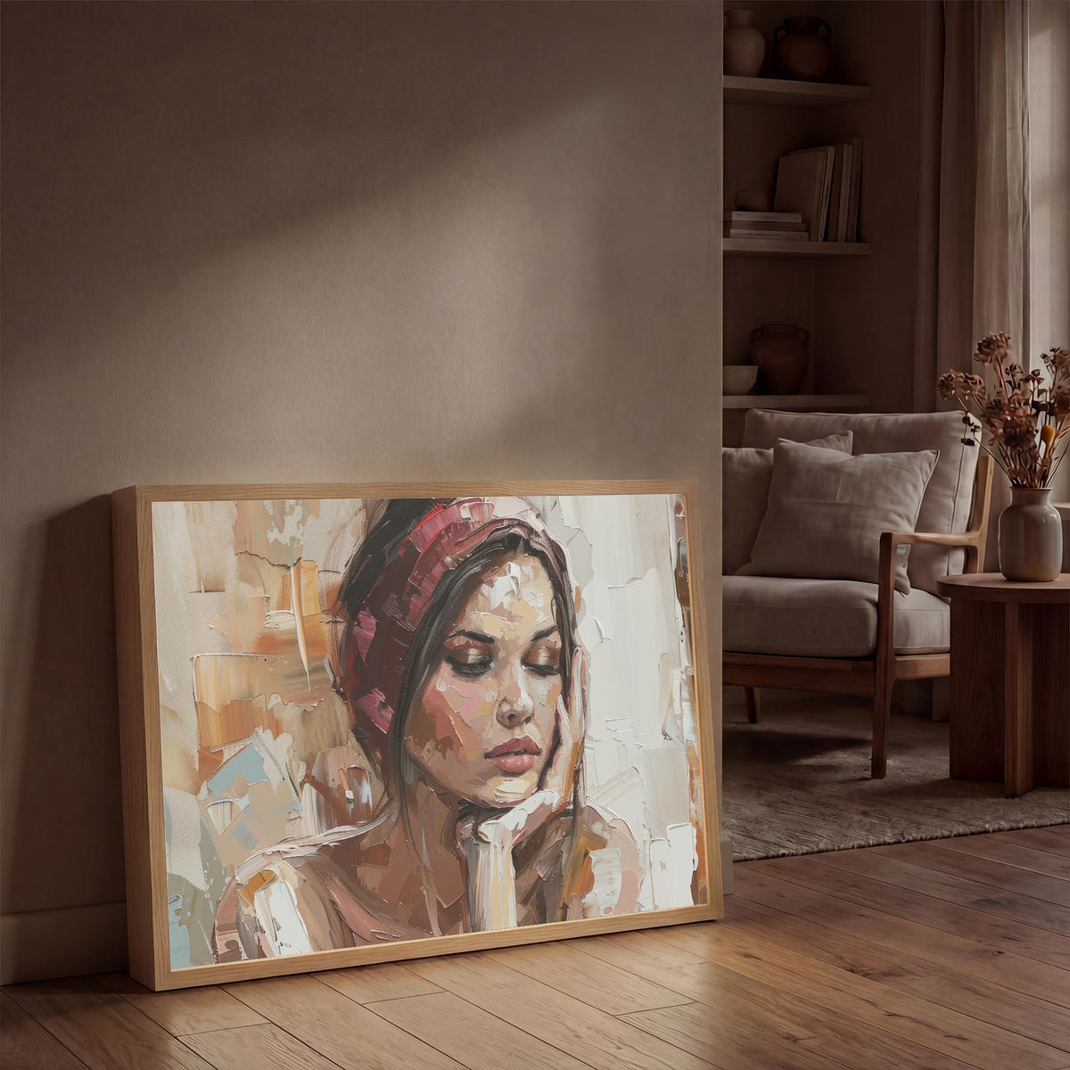 NÁSTĚNNÁ LAMPA S AKUMULÁTOREM Žena - vzhled malby - portrét - moderní 100x70 cm - hnědá, kompozitní dřevo (100/70/8cm) - OnlyWow