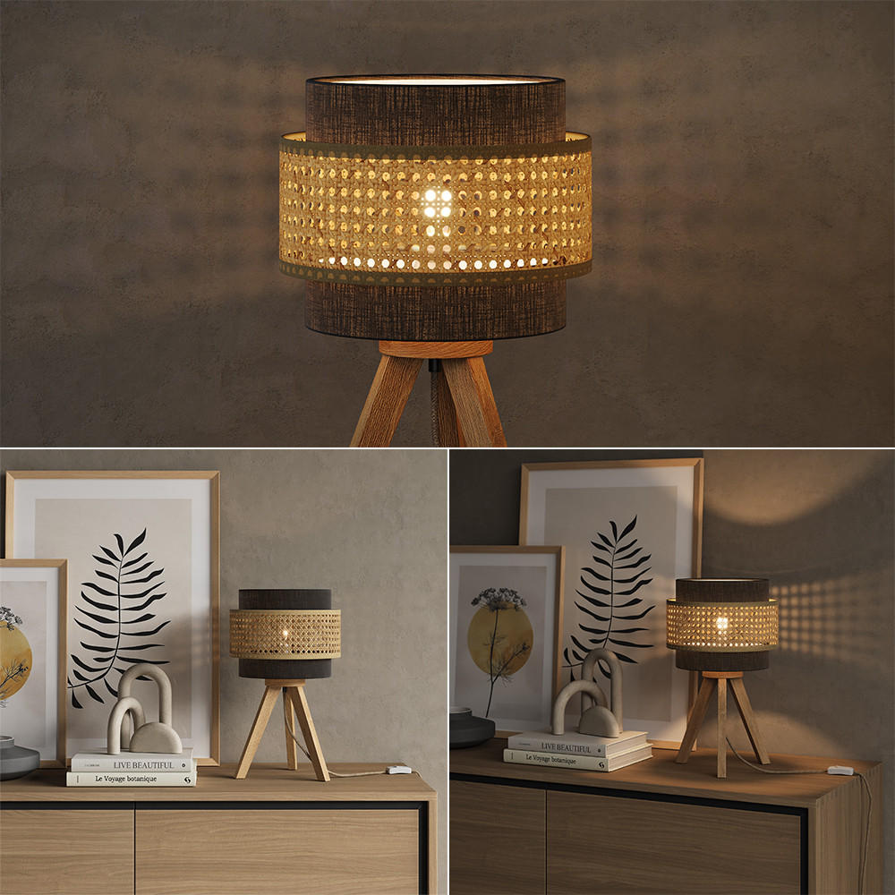 TISCHLAMPE Morten Rattan/Schwarz 26 x 45 cm mit Standfuß - Schwarz/Braun, Holz (26/26/45cm) - Vicco