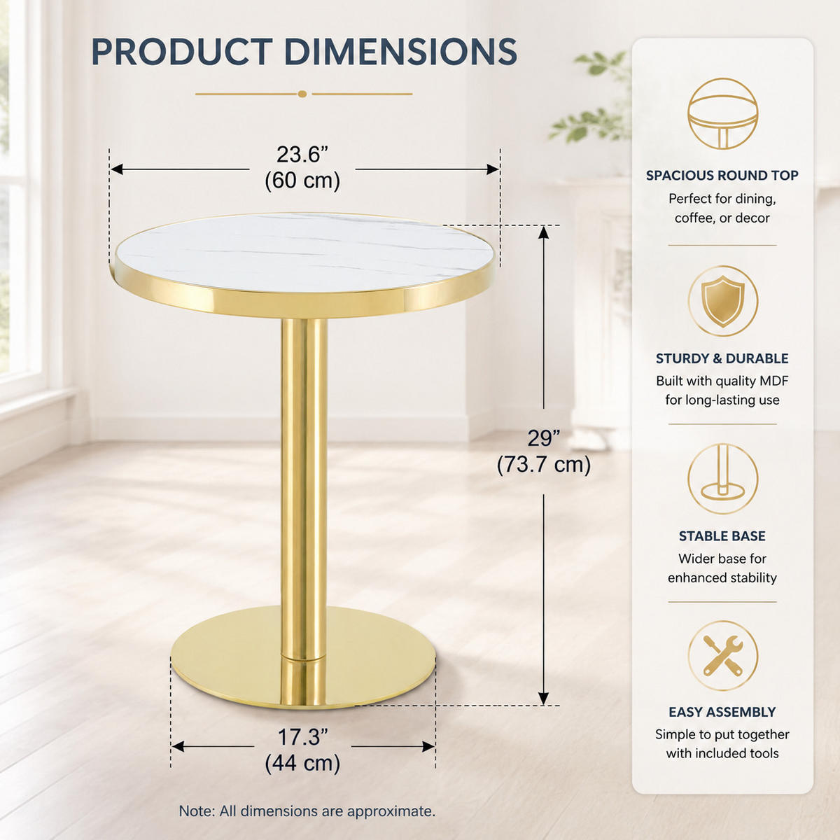 BARTISCH in Weiß|Goldfarben Beistelltisch mit Marmoroptik-Tischplatte und Edelstahlgestell, B60/T60/H74cm - Goldfarben/Weiß, Holzwerkstoff/Metall (60/60/74cm) - STILVORA