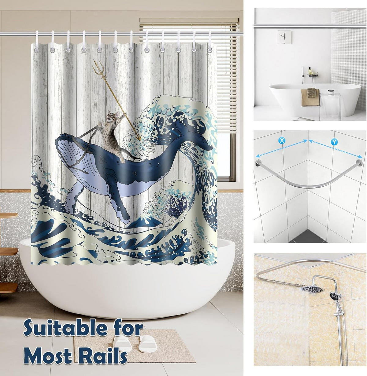 DUSCHVORHANG Stoff wasserdicht schimmelresistent mit Haken fürs Badezimmer Badewanne und Dusche Muster Katze und Wal - Multicolor, Textil (180/200cm) - MCBOSON