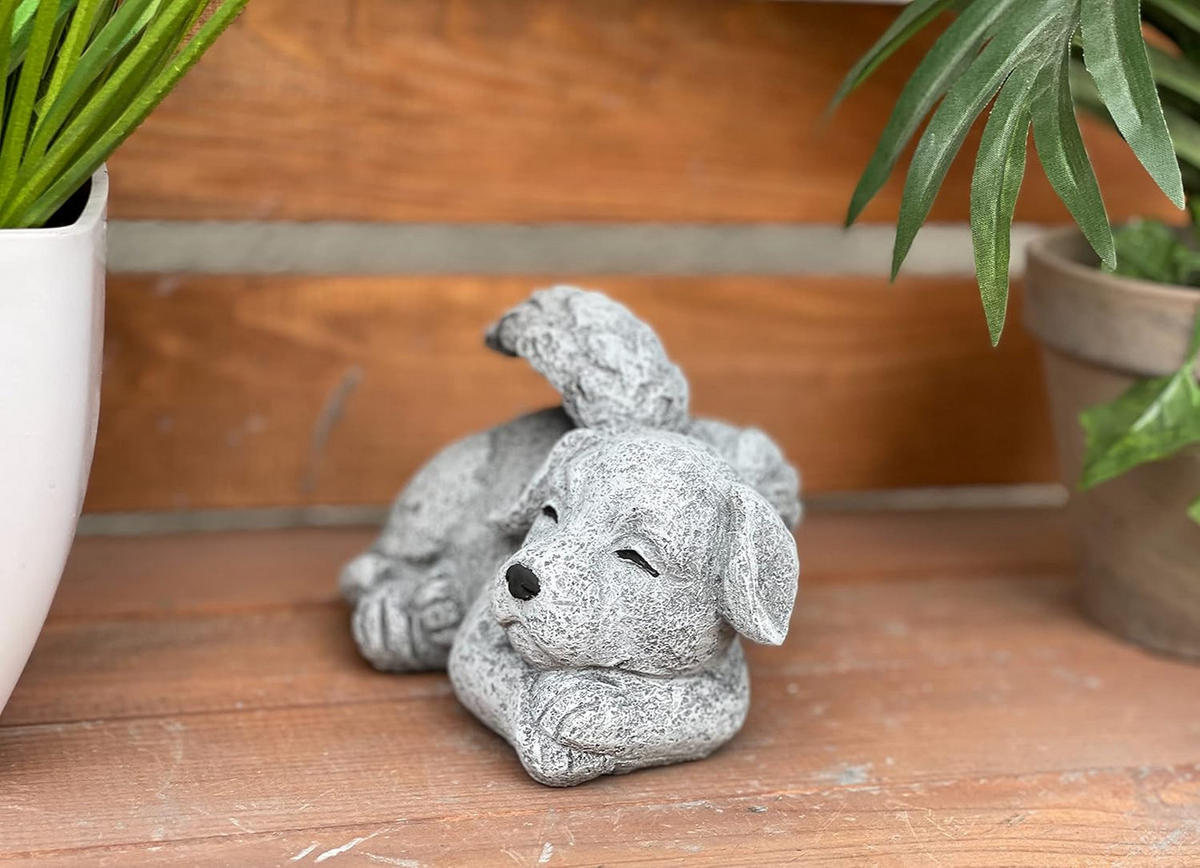 STEINFIGUR Grabschmuck Hund mit Engelsflügeln frostfest Steinguss wetterfest - Grau, Stein (13/10/10cm) - stoneandstyle