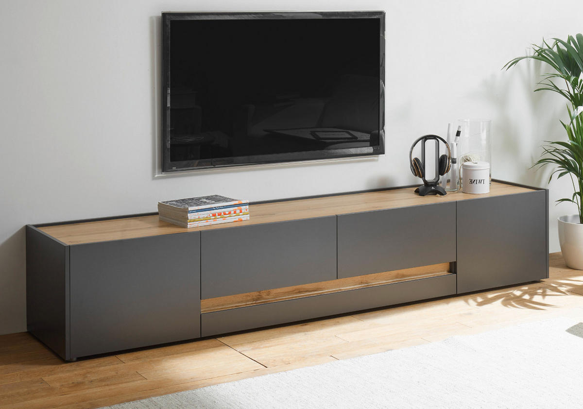 TV-LOWBOARD grau matt, Eiche Wotan 223 cm, TV Unterteil mit viel Stauraum - Eiche Wotan/Schwarz, Holzwerkstoff/Kunststoff (223/40/45cm) - Furn.Design