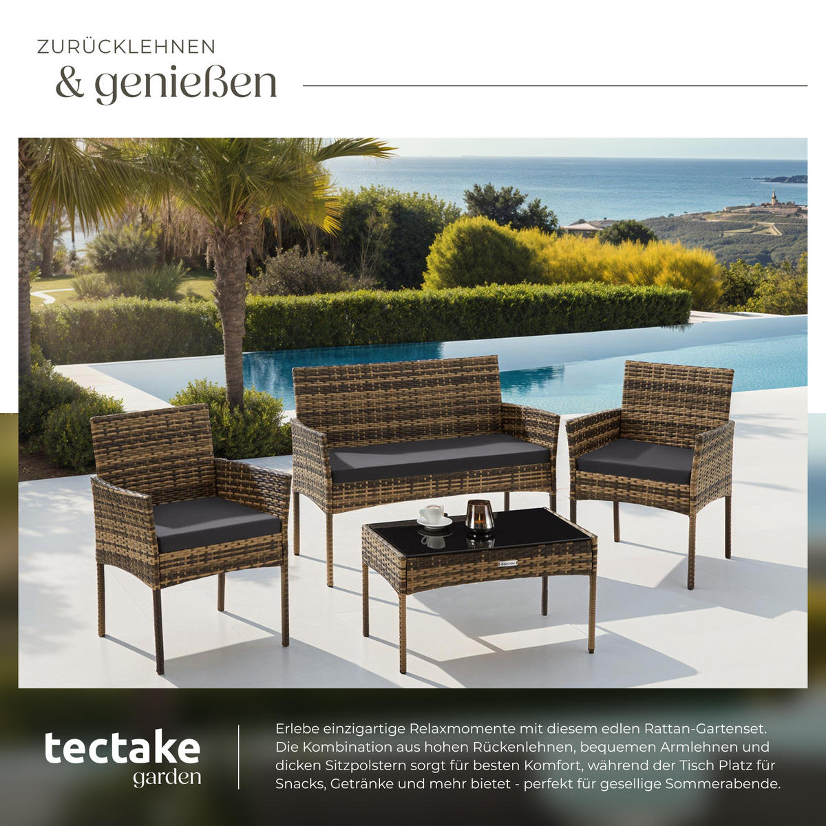 RATTAN GARTENSET Palese,Sofa 250 kg, je Sessel 120 kg,natur - Naturfarben, Kunststoff - tectake