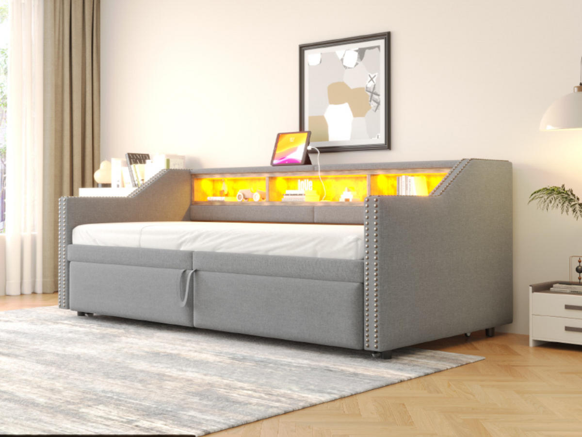 POLSTERBETT 90/180/200 cm hellgrau aus Leinen mit USB und LED - Hellgrau, Textil (90/200cm) - OKMYHOME