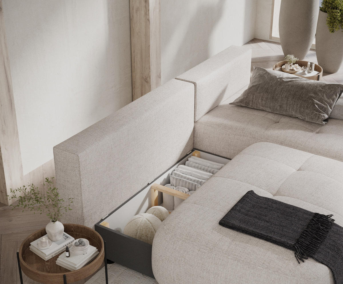 ECKSOFA MIT SCHLAFFUNKTION Batu Beige Webstoff - Beige/Schwarz, Holz/Holzwerkstoff (223/158cm) - Maison de Reve