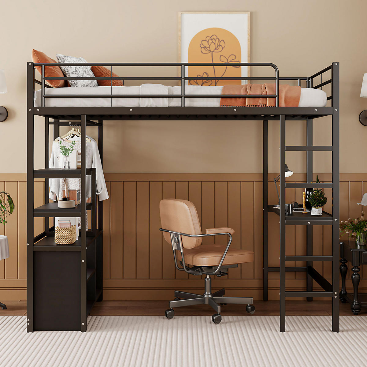 HOCHBETT 90/200 cm aus Metall mit Schreibtisch, Steckdose, USB, Regalen und offenem Schrank, Schwarz - Schwarz, Metall (90/200cm) - Redom