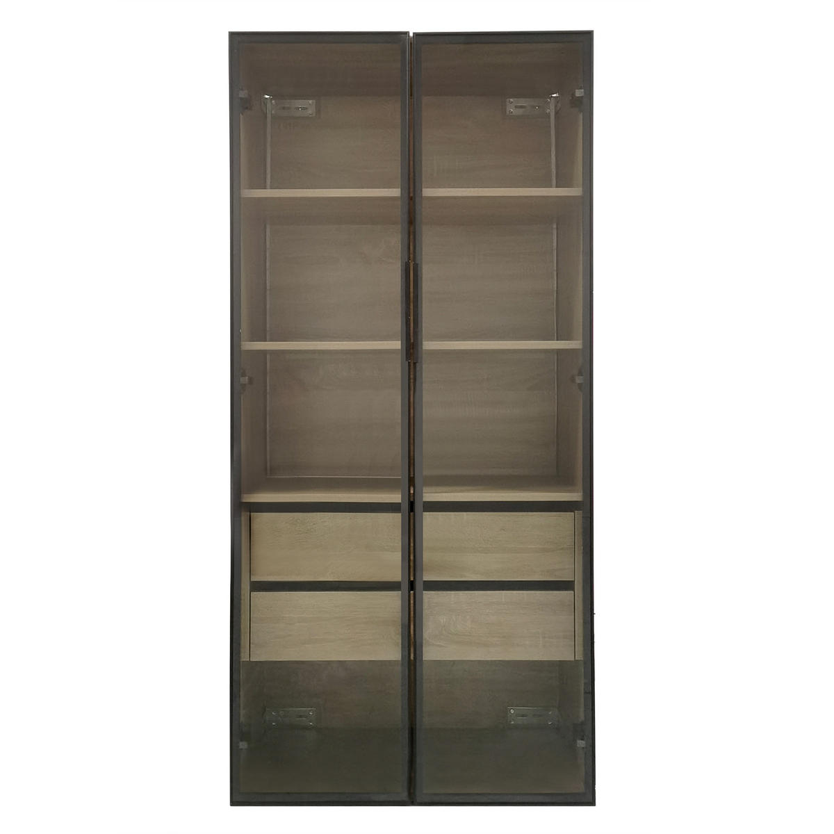 VITRINE in Naturfarbe mit Lichtleiste und Schubladen für Wohnzimmer und Badezimmer, B148/T36/H155 cm - Transparent/Naturfarben, Glas/Holzwerkstoff (74/155/36cm) - STILVORA